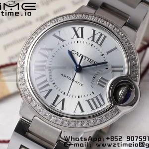 Cartier Ballon Bleu W4BB0028 33mm SS AF 1:1 Best Edition Silver Dial Diamonds Bezel on SS Bracelet SEIKO NH05A - Super Clone Watch | 1:1 Best Version