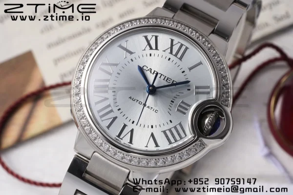 Cartier Ballon Bleu W4BB0028 33mm SS AF 1:1 Best Edition Silver Dial Diamonds Bezel on SS Bracelet SEIKO NH05A - Super Clone Watch | 1:1 Best Version