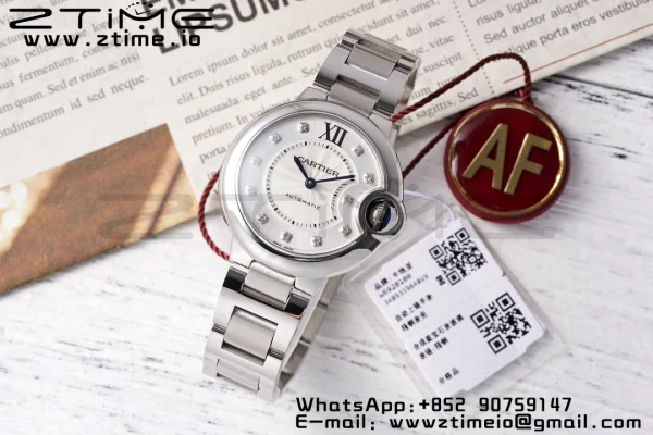 Cartier Ballon Bleu WE902074 33mm SS AF 1:1 Best Edition White Diamonds Dial on SS Bracelet SEIKO NH05A - Super Clone Watch | 1:1 Best Version
