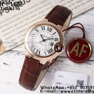 Cartier Ballon Bleu W6920097 33mm RG AF 1:1 Best Edition Silver Dial on Brown Leather Strap SEIKO NH05A - Super Clone Watch | 1:1 Best Version