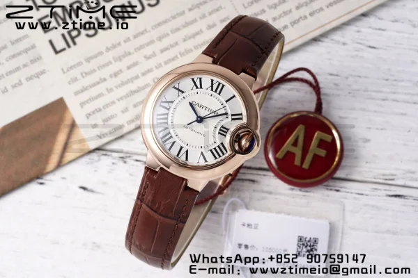 Cartier Ballon Bleu W6920097 33mm RG AF 1:1 Best Edition Silver Dial on Brown Leather Strap SEIKO NH05A - Super Clone Watch | 1:1 Best Version