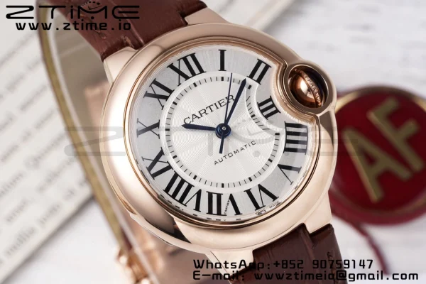 Cartier Ballon Bleu W6920097 33mm RG AF 1:1 Best Edition Silver Dial on Brown Leather Strap SEIKO NH05A - Super Clone Watch | 1:1 Best Version