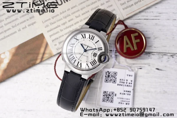 Cartier Ballon Bleu W6920085 33mm SS AF 1:1 Best Edition Silver Dial σε μαύρο δερμάτινο λουράκι SEIKO NH05A - Super Clone Watch | 1:1 Best Version