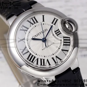 Cartier Ballon Bleu W6920085 33mm SS AF 1:1 Best Edition Silver Dial σε μαύρο δερμάτινο λουράκι SEIKO NH05A - Super Clone Watch | 1:1 Best Version