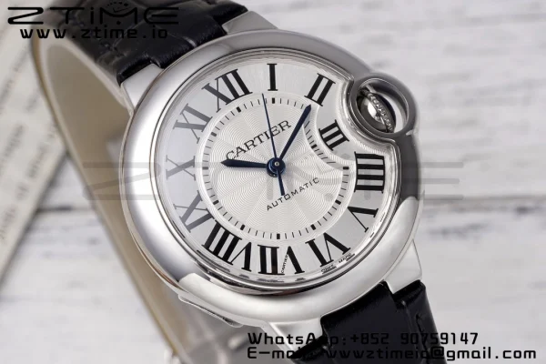 Cartier Ballon Bleu W6920085 33mm SS AF 1:1 Best Edition Silver Dial σε μαύρο δερμάτινο λουράκι SEIKO NH05A - Super Clone Watch | 1:1 Best Version