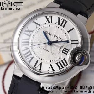 Cartier Ballon Bleu W6920085 33mm SS AF 1:1 Best Edition Silver Dial σε μαύρο δερμάτινο λουράκι SEIKO NH05A - Super Clone Watch | 1:1 Best Version