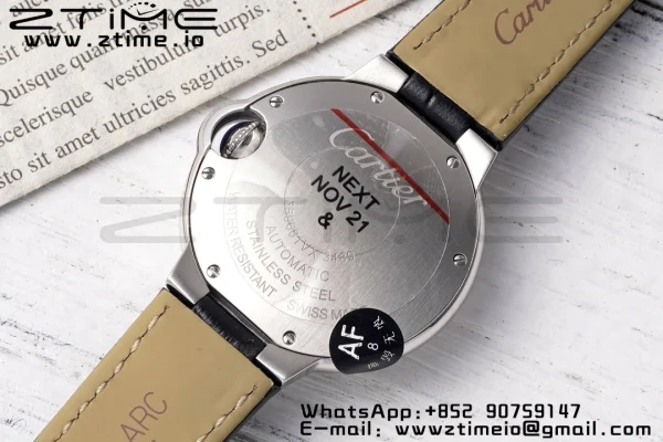 Cartier Ballon Bleu W6920085 33mm SS AF 1:1 Best Edition Silver Dial σε μαύρο δερμάτινο λουράκι SEIKO NH05A - Super Clone Watch | 1:1 Best Version