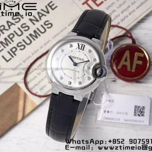 Cartier Ballon Bleu W4BB0009 33mm SS AF 1:1 Best Edition Silver Diamonds Dial on Black Leather Strap SEIKO NH05A - Super Clone Watch | 1:1 Best Version