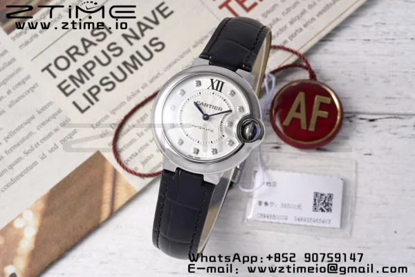 Cartier Ballon Bleu W4BB0009 33mm SS AF 1:1 Best Edition Silver Diamonds Dial on Black Leather Strap SEIKO NH05A - Super Clone Watch | 1:1 Best Version