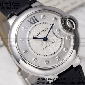 Cartier Ballon Bleu W4BB0009 33mm SS AF 1:1 Best Edition Silver Diamonds Dial on Black Leather Strap SEIKO NH05A - Super Clone Watch | 1:1 Best Version
