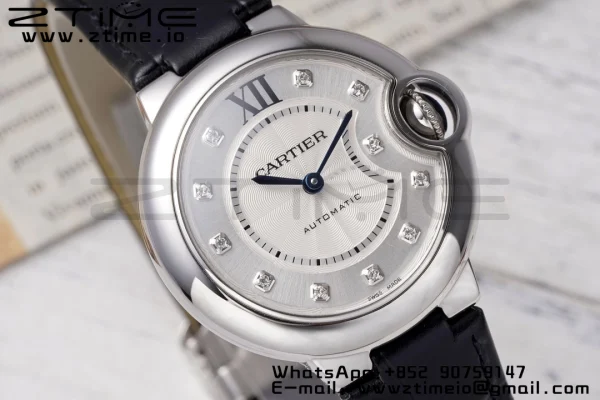 Cartier Ballon Bleu W4BB0009 33mm SS AF 1:1 Best Edition Silver Diamonds Dial on Black Leather Strap SEIKO NH05A - Super Clone Watch | 1:1 Best Version