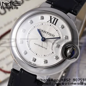Cartier Ballon Bleu W4BB0009 33mm SS AF 1:1 Best Edition Silver Diamonds Dial on Black Leather Strap SEIKO NH05A - Super Clone Watch | 1:1 Best Version