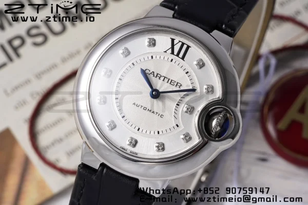 Cartier Ballon Bleu W4BB0009 33mm SS AF 1:1 Best Edition Silver Diamonds Dial on Black Leather Strap SEIKO NH05A - Super Clone Watch | 1:1 Best Version