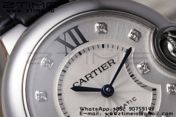 Cartier Ballon Bleu W4BB0009 33mm SS AF 1:1 Best Edition Silver Diamonds Dial on Black Leather Strap SEIKO NH05A - Super Clone Watch | 1:1 Best Version