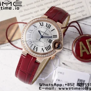 Cartier Ballon Bleu WJBB0033 33mm RG AF 1:1 Best Edition Silver Dial Diamonds Bezel on Red Leather Strap SEIKO NH05A - Super Clone Watch | 1:1 Best Version