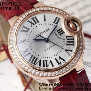 Cartier Ballon Bleu WJBB0033 33mm RG AF 1:1 Best Edition シルバーダイアル ダイヤモンドベゼル レッドレザーストラップ SEIKO NH05A - スーパークローンウォッチ｜1:1ベストバージョン