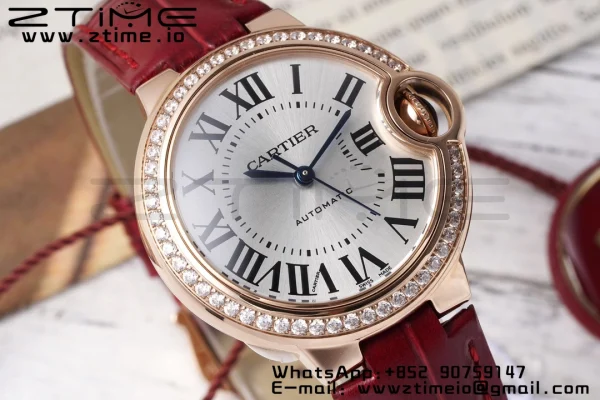 Cartier Ballon Bleu WJBB0033 33mm RG AF 1:1 Best Edition シルバーダイアル ダイヤモンドベゼル レッドレザーストラップ SEIKO NH05A - スーパークローンウォッチ｜1:1ベストバージョン
