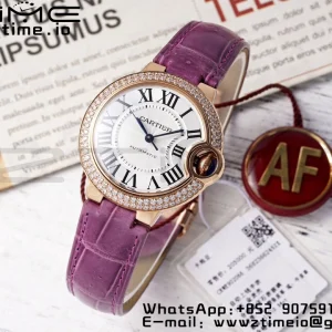 Cartier Ballon Bleu WJBB0051 33mm RG AF 1:1 Best Edition Silver Dial Diamonds Bezel on Purple Leather Strap SEIKO NH05A - Super Clone Watch | 1:1 Best Version
