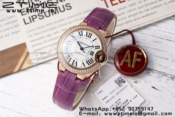 Cartier Ballon Bleu WJBB0051 33mm RG AF 1:1 Best Edition Silver Dial Diamonds Bezel on Purple Leather Strap SEIKO NH05A - Super Clone Watch | 1:1 Best Version