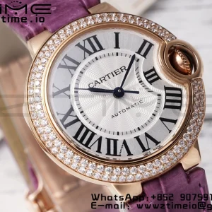 Cartier Ballon Bleu WJBB0051 33mm RG AF 1:1 Best Edition Silver Dial Diamonds Bezel on Purple Leather Strap SEIKO NH05A - Super Clone Watch | 1:1 Best Version