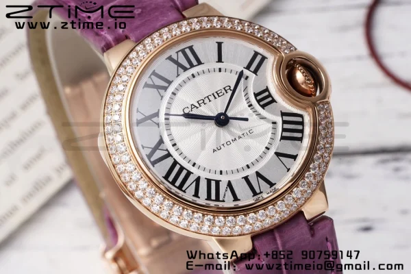 Cartier Ballon Bleu WJBB0051 33mm RG AF 1:1 Best Edition Silver Dial Diamonds Bezel on Purple Leather Strap SEIKO NH05A - Super Clone Watch | 1:1 Best Version