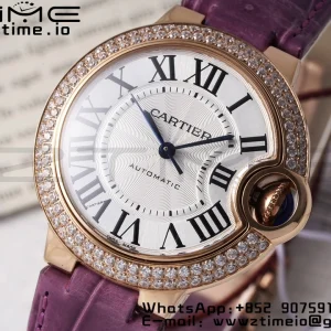 Cartier Ballon Bleu WJBB0051 33mm RG AF 1:1 Best Edition Silver Dial Diamonds Bezel on Purple Leather Strap SEIKO NH05A - Super Clone Watch | 1:1 Best Version