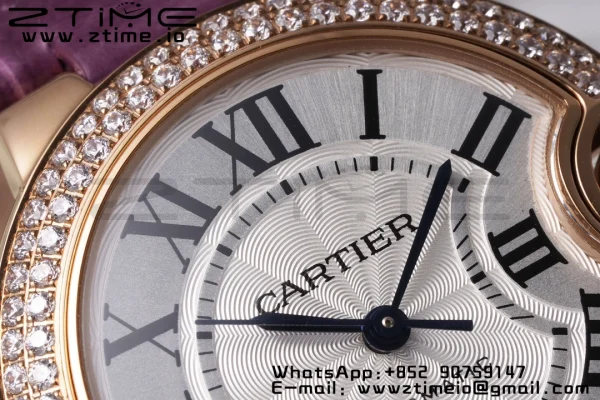 Cartier Ballon Bleu WJBB0051 33mm RG AF 1:1 Best Edition Silver Dial Diamonds Bezel on Purple Leather Strap SEIKO NH05A - Super Clone Watch | 1:1 Best Version