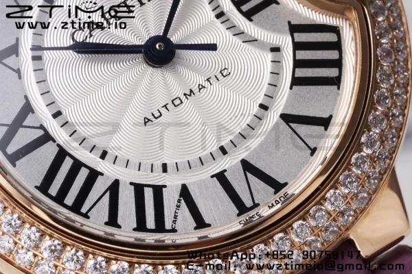 Cartier Ballon Bleu WJBB0051 33mm RG AF 1:1 Best Edition Silver Dial Diamonds Bezel on Purple Leather Strap SEIKO NH05A - Super Clone Watch | 1:1 Best Version