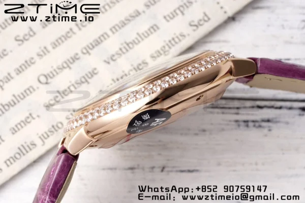 Cartier Ballon Bleu WJBB0051 33mm RG AF 1:1 Best Edition Silver Dial Diamonds Bezel on Purple Leather Strap SEIKO NH05A - Super Clone Watch | 1:1 Best Version