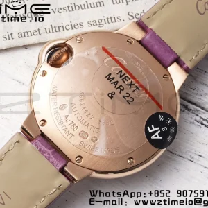 Cartier Ballon Bleu WJBB0051 33mm RG AF 1:1 Best Edition Silver Dial Diamonds Bezel on Purple Leather Strap SEIKO NH05A - Super Clone Watch | 1:1 Best Version