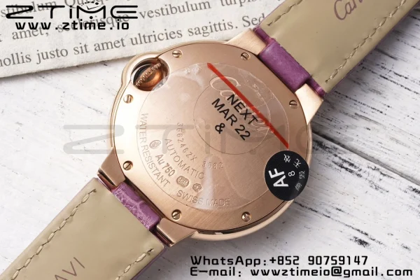 Cartier Ballon Bleu WJBB0051 33mm RG AF 1:1 Best Edition Silver Dial Diamonds Bezel on Purple Leather Strap SEIKO NH05A - Super Clone Watch | 1:1 Best Version