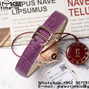Cartier Ballon Bleu WJBB0051 33mm RG AF 1:1 Best Edition Silver Dial Diamonds Bezel on Purple Leather Strap SEIKO NH05A - Super Clone Watch | 1:1 Best Version