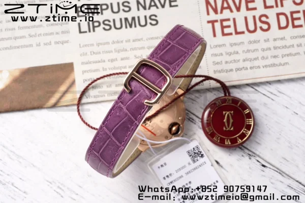 Cartier Ballon Bleu WJBB0051 33mm RG AF 1:1 Best Edition Silver Dial Diamonds Bezel on Purple Leather Strap SEIKO NH05A - Super Clone Watch | 1:1 Best Version
