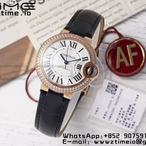 Cartier Ballon Bleu WJBB0033 33mm RG AF 1:1 Best Edition Silver Dial Diamonds Bezel on Black Leather Strap SEIKO NH05A - Super Clone Watch | 1:1 Best Version