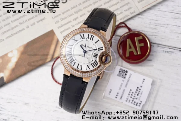 Cartier Ballon Bleu WJBB0033 33mm RG AF 1:1 Best Edition Silver Dial Diamonds Bezel on Black Leather Strap SEIKO NH05A - Super Clone Watch | 1:1 Best Version