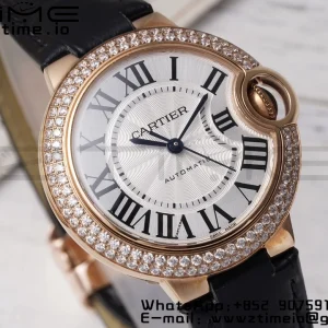 Cartier Ballon Bleu WJBB0033 33mm RG AF 1:1 Best Edition Silver Dial Diamonds Bezel on Black Leather Strap SEIKO NH05A - Super Clone Watch | 1:1 Best Version