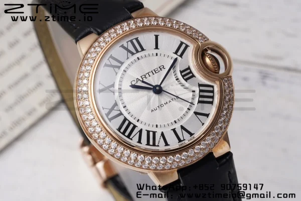 Cartier Ballon Bleu WJBB0033 33mm RG AF 1:1 Best Edition Silver Dial Diamonds Bezel on Black Leather Strap SEIKO NH05A - Super Clone Watch | 1:1 Best Version