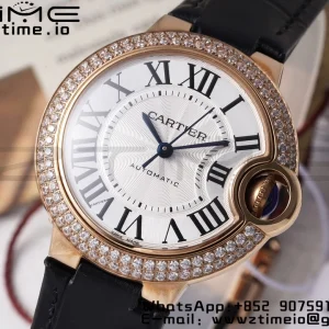 Cartier Ballon Bleu WJBB0033 33mm RG AF 1:1 Best Edition Silver Dial Diamonds Bezel on Black Leather Strap SEIKO NH05A - Super Clone Watch | 1:1 Best Version