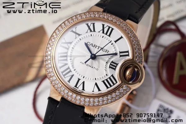 Cartier Ballon Bleu WJBB0033 33mm RG AF 1:1 Best Edition Silver Dial Diamonds Bezel on Black Leather Strap SEIKO NH05A - Super Clone Watch | 1:1 Best Version