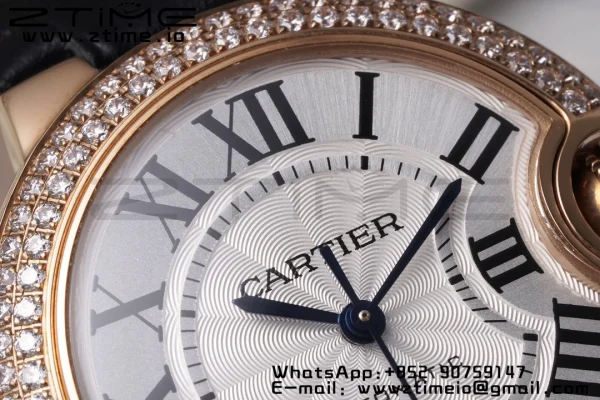 Cartier Ballon Bleu WJBB0033 33mm RG AF 1:1 Best Edition Silver Dial Diamonds Bezel on Black Leather Strap SEIKO NH05A - Super Clone Watch | 1:1 Best Version