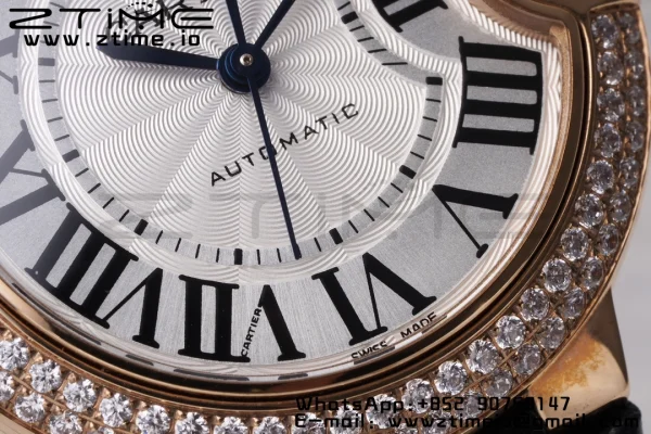 Cartier Ballon Bleu WJBB0033 33mm RG AF 1:1 Best Edition Silver Dial Diamonds Bezel on Black Leather Strap SEIKO NH05A - Super Clone Watch | 1:1 Best Version