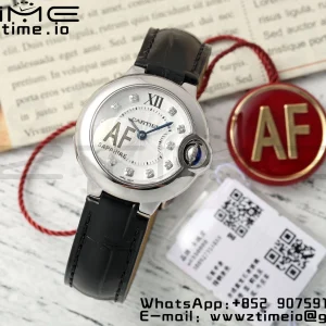 Cartier Ballon Bleu Ladies W4BB0008 28mm SS AF 1:1 Best Edition White Diamonds Dial Bezel on Black Leather Strap Ronda Quartz - Super Clone Watch | 1:1 Best Version