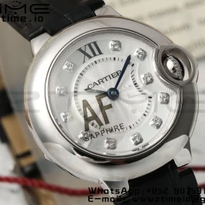 カルティエバロンブルーレディースW4BB0008 28ミリメートルSS AF 1:1ベスト版ホワイトダイヤモンドダイヤルベゼルブラックレザーストラップロンダクォーツ - スーパークローン時計｜1:1ベストバージョン