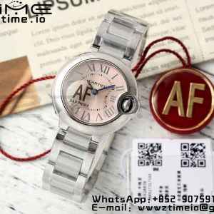 Cartier Ballon Bleu Ladies 28mm SS AF 1:1 Best Edition Pink Dial Bezel on SS Bracelet Ronda Quartz - Super Clone Watch | 1:1 Best Version