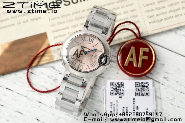 Cartier Ballon Bleu Ladies 28mm SS AF 1:1 Best Edition Pink Dial Bezel on SS Bracelet Ronda Quartz - Super Clone Watch | 1:1 Best Version