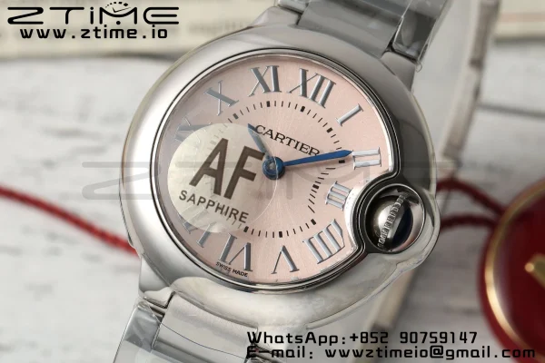 Cartier Ballon Bleu Ladies 28mm SS AF 1:1 Best Edition Pink Dial Bezel on SS Bracelet Ronda Quartz - Super Clone Watch | 1:1 Best Version