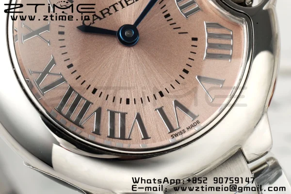 Cartier Ballon Bleu Ladies 28mm SS AF 1:1 Best Edition Pink Dial Bezel on SS Bracelet Ronda Quartz - Super Clone Watch | 1:1 Best Version