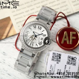 Cartier Ballon Bleu Ladies W4BB0015 28mm SS AF 1:1 Best Edition White Dial Diamonds Bezel on SS Bracelet Ronda Quartz - Super Clone Watch | 1:1 Best Version