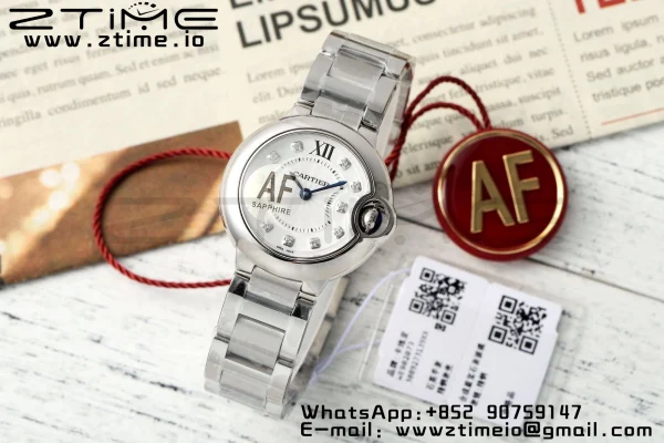 Cartier Ballon Bleu Ladies W4BB0029 28mm SS AF 1:1 Best Edition Λευκά διαμάντια Dial Bezel σε SS βραχιόλι Ronda χαλαζία - Super Clone ρολόι | 1:1 Best έκδοση
