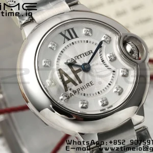 Cartier Ballon Bleu Ladies W4BB0029 28mm SS AF 1:1 Best Edition Λευκά διαμάντια Dial Bezel σε SS βραχιόλι Ronda χαλαζία - Super Clone ρολόι | 1:1 Best έκδοση